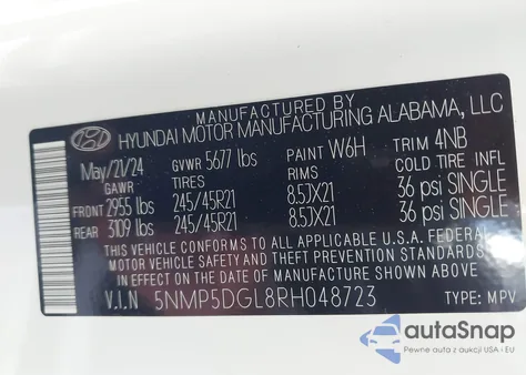 2024 Hyundai Santa Fe Calligraphy из США, поврежденный, VIN 5NMP5DGL8RH048723